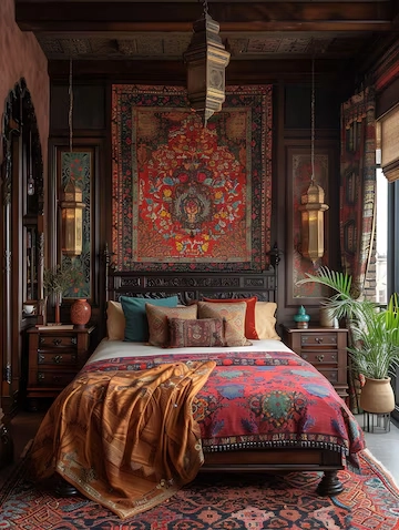 طراحی دکوراسیون داخلی - تصویر نمای دکوراسیون یک اتاق خواب با تخت دو نفره و سبک طراحی ایرانی