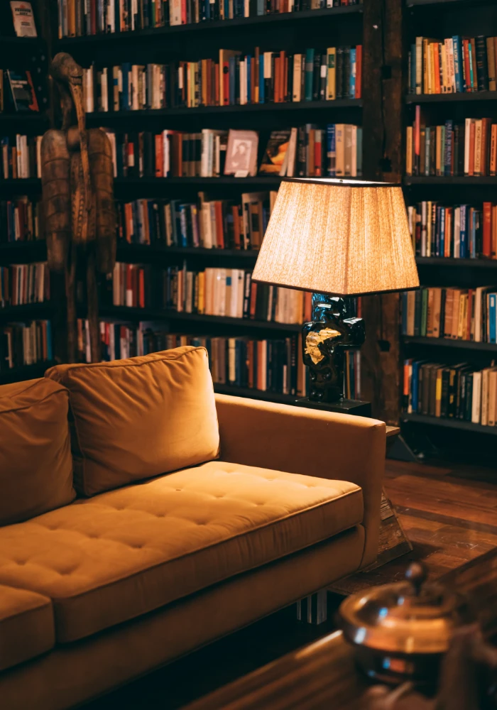 مبل راحتی که در کتابخانه قرار دارد و در جلوی ان میز و در کنارش چراغ و در پشت آن بخش کتاب ها قرار دارد