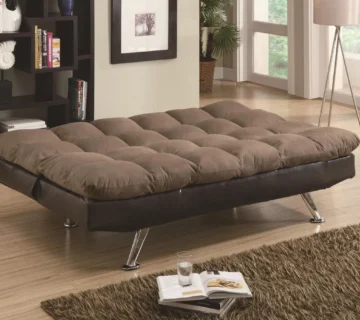 مبلمان تختخوابشوی قهوه ای که در جلوی آن کتاب و لیوان قرار دارد و در پشت آن دکوراسیون قفسه ای چوبی که در ان کتاب قرار دارد